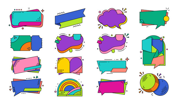  Colorful speech bubble banner vector illustration collection featuring retro memphis style chat box badges and creative promotion graphic design elements bundle