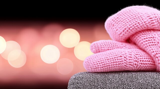 Pink knitted gloves on grey surface, bokeh background.