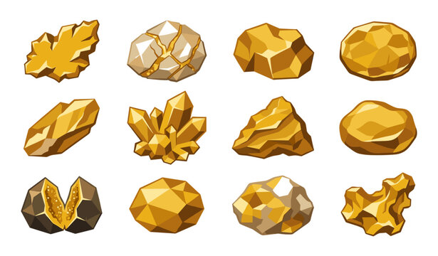 Gold nugget vector illustration collection featuring shiny golden ore mineral icons and raw precious metal crystal game asset graphic design elements bundle