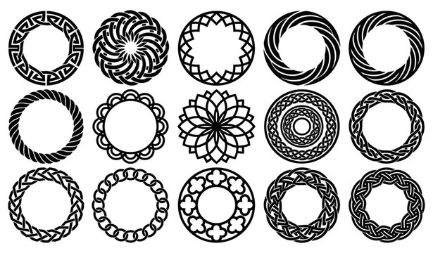 Celtic knot round border vector illustration collection featuring circular mandala frames and decorative geometric line art ornament graphic design elements bundle