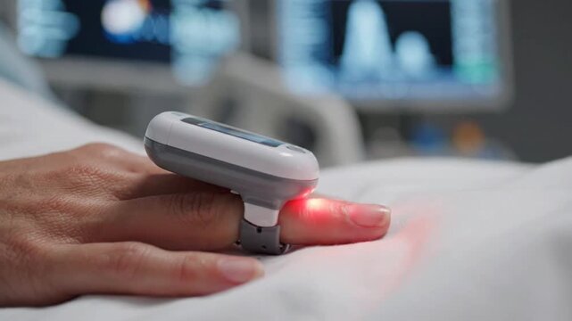Pulse oximeter on patient finger measuring blood oxygen levels in hospital setting.