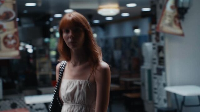 Redhead woman walking past a closed storefront