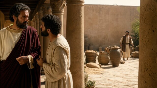 Rich master confronting his steward in an ancient courtyard. Biblical parable of accountability, wealth, dishonest management and moral choice from the Gospel of Luke.