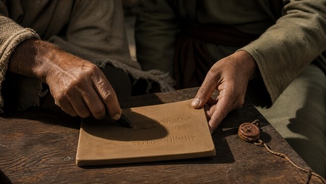 Ancient steward urgently alters a debtors clay account tablet, illustrating the biblical parable of the shrewd manager, dishonest wealth, financial negotiation and moral accountability.