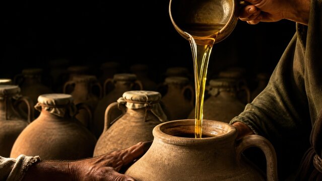 Steward pouring olive oil into a clay jar among ancient storage vessels. Biblical parable of debt, trade, resource management, and clever financial strategy in historical setting.