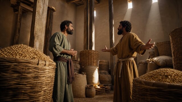 Two men discussing grain stores and household stewardship in a biblical warehouse. Parable of the shrewd manager, ancient commerce, wealth, responsibility, and moral choice.