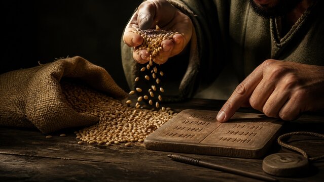 Steward measuring wheat beside a debt tablet. Biblical parable of dishonest management, accounting, agricultural wealth, and moral responsibility in ancient times.