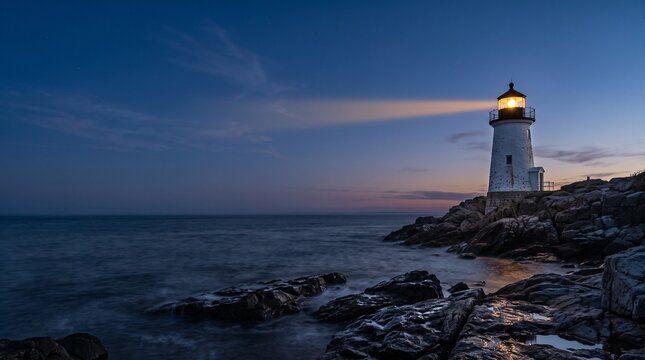 Cinematic Lighthouse at Blue Hour With Sweeping Beacon