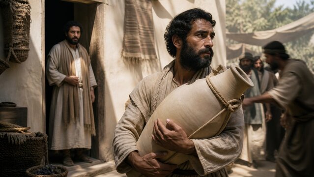 Biblical steward carrying a large jar of oil through an ancient marketplace while a wealthy man watches, illustrating the parable of the shrewd manager and faithful stewardship