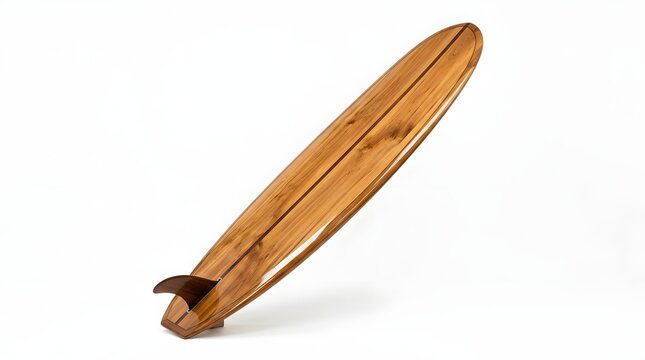 Wooden surfboard leaning on white background