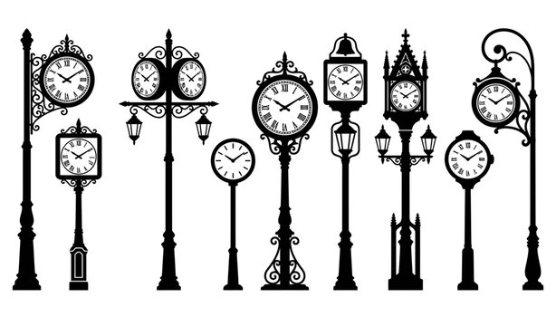 Vintage Street Clocks Collection Vector Silhouettes