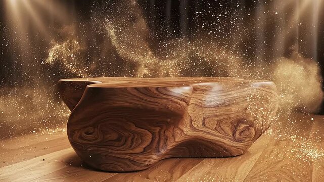 Elegant natural wooden coffee table with smooth curves and glowing golden dust particles in warm ambient light