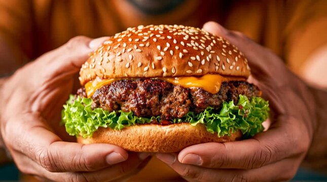 Hands Preparing to Bite Juicy Cheeseburger Closeup