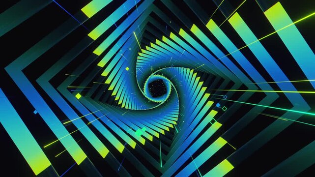 VJ loop of futuristic geometric tunnel with twisting vortex square frames. Dynamic illuminated stage backdrop for electronic music festivals, dancefloors, club events, rave parties, and shows.