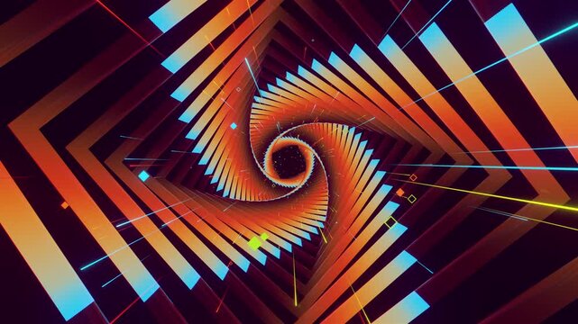 VJ loop of futuristic geometric tunnel with twisting vortex square frames. Dynamic illuminated stage backdrop for electronic music festivals, dancefloors, club events, rave parties, and shows.
