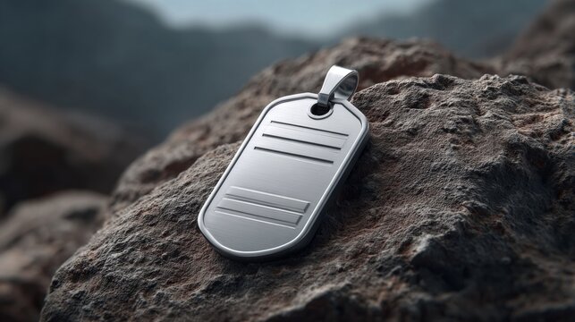 A polished silver rectangular military dog ​​tag with rounded corners and engraved horizontal lines rests on a rough textured dark brown rock, with blurred distant mountains in the soft out-of-focus 