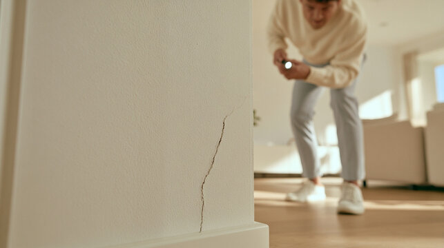 Homeowner Inspecting Hairline Wall Crack with Flashlight