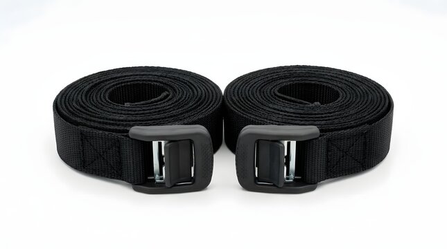 Two black fabric straps with metal buckles on white background