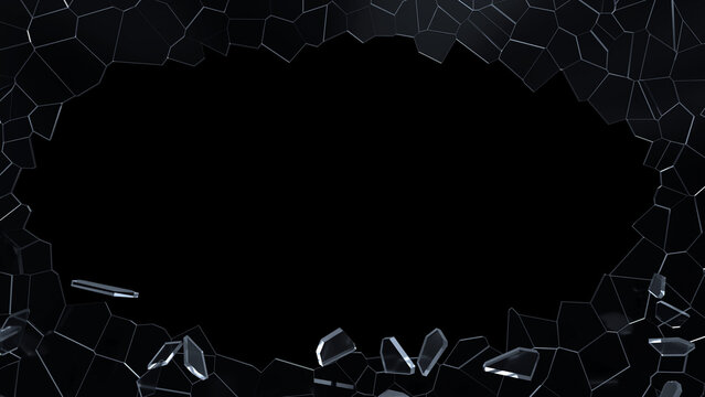 Cracked Glass, Glass Shattered Reality. A hole of blackness is framed by a mosaic of sharp, irregular shards of broken glass, reflecting the light and suggesting fragility and destruction