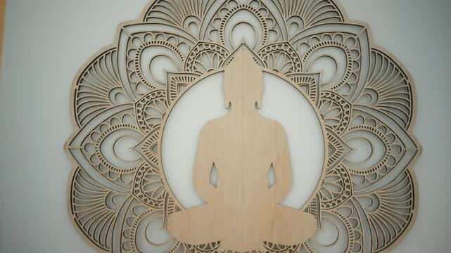 Wooden Buddha silhouette meditating, framed by an intricate mandala pattern, symbolizing peace, spirituality, and mindfulness