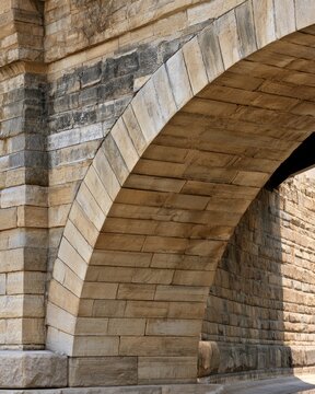 Close-up stone arch bridge architecture vaulted underside with textured masonry for background, poster and architectural design