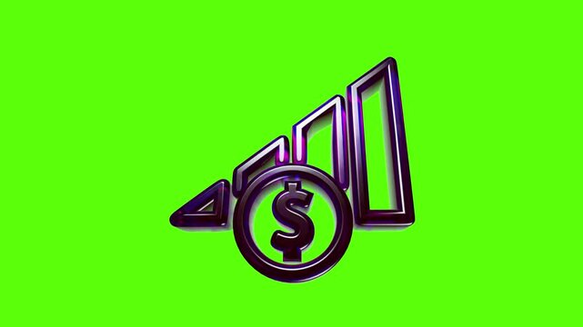 Shiny 3d purple dollar sign icon with rising bar chart growth graph representing financial success and profit