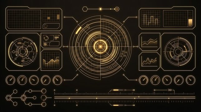 Futuristic HUD interface with golden data charts, digital dashboard UI elements, glowing sci-fi control panel display