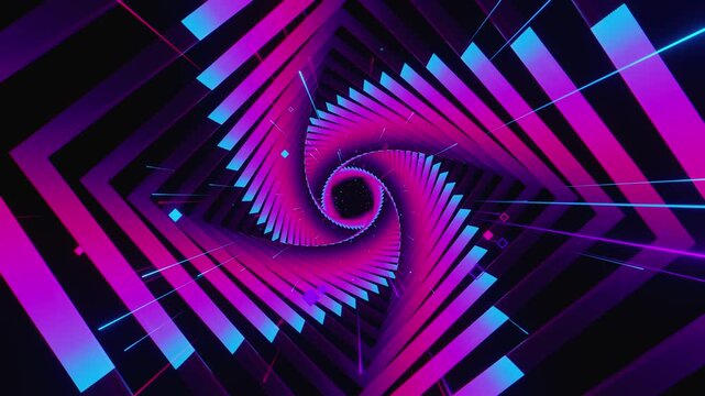VJ loop of futuristic geometric tunnel with twisting vortex square frames. Dynamic illuminated stage backdrop for electronic music festivals, dancefloors, club events, rave parties, and shows.