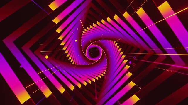 VJ loop of futuristic geometric tunnel with twisting vortex square frames. Dynamic illuminated stage backdrop for electronic music festivals, dancefloors, club events, rave parties, and shows.