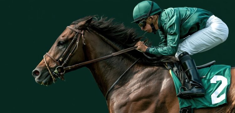 Jockey in green silks racing on a brown horse with number 2 saddle cloth
