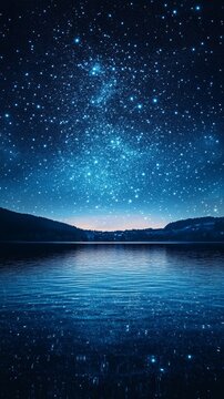 A starry night sky reflects on a calm lake with silhouetted hills in the background.