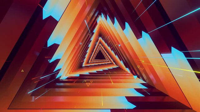 Seamless VJ loop of futuristic geometric tunnel with triangular corridor frames. Dynamic illuminated stage backdrop for electronic music festivals, dancefloors, club events, rave parties, and shows.