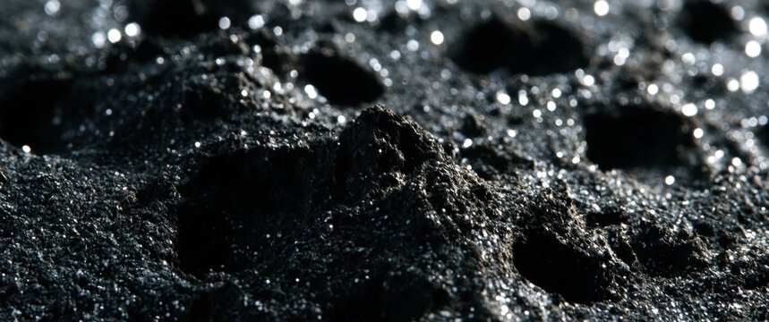 Macro closeup of wet black mud with glistening water droplets and rough texture