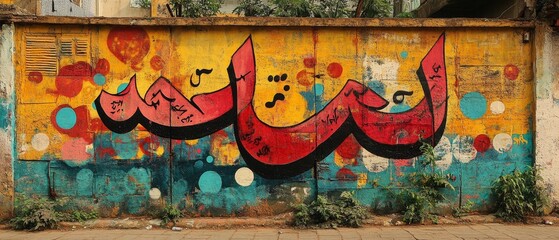 Naklejka premium A colorful street art mural featuring large red Arabic calligraphy on a yellow and teal background with scattered circles.