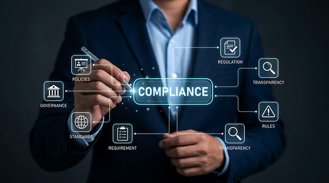 Professional businessman touching virtual compliance concept screen graphic