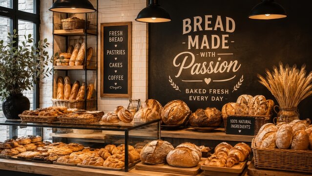 Artisan Bakery Interior with Fresh Bread, Pastries and Rustic Display