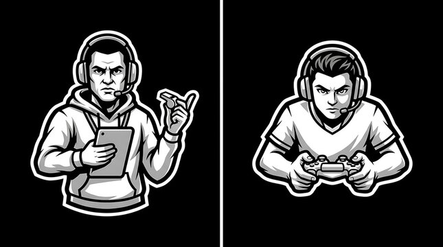 Black and white e-sports gamer and streamer mascot illustrations