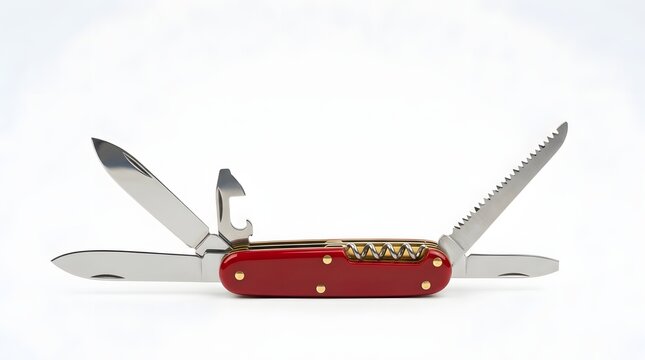 Red pocket knife with multiple tools extended on white background