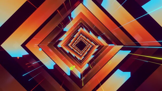 4k VJ loop of abstract geometric tunnel with twisting square corridor frames. Dynamic stage backdrop for electronic music festivals, dancefloors, club events, rave parties, and shows.