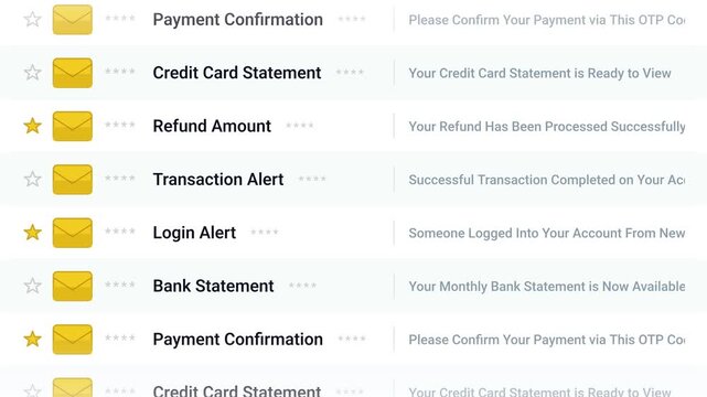 Scrolling financial email application ui featuring payment confirmation and login alert