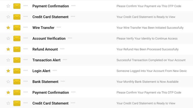 Animated scrolling financial email inbox interface featuring yellow mail icon and banking transaction alert