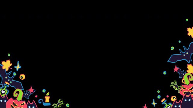 Seamless looping 2D cartoon playful Halloween animation frame for lower corners with transparent alpha channel and overlay elements on sides for stream border, video decoration, festive promotion.
