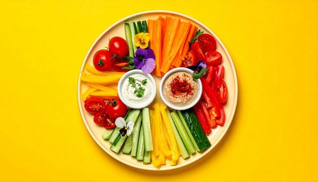 Fresh vegetable platter arranged artistically with edible flowers and dips on plate yellow background3