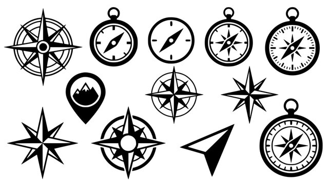 Black and white compass vector collection for maps and navigation design