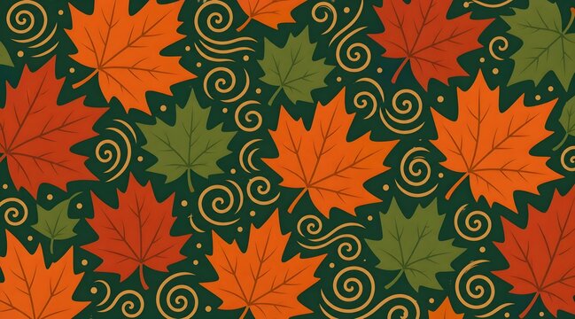 Bold autumn pattern combining large maple-leaf silhouettes with small wind-swirl spiral