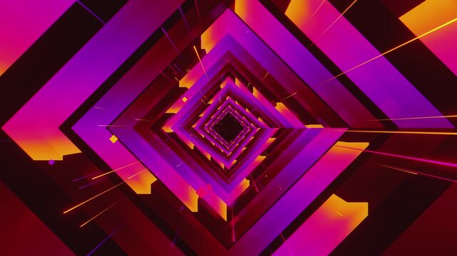 4k VJ loop of abstract geometric tunnel with twisting square corridor frames. Dynamic stage backdrop for electronic music festivals, dancefloors, club events, rave parties, and shows.