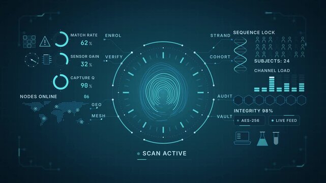 Biometric Scanner HUD Interface Animation, Futuristic Technology Display, Digital Fingerprint Visualization, User Authentication Graphic, Cybersecurity Data Analysis, Sci-Fi User Interface Design,