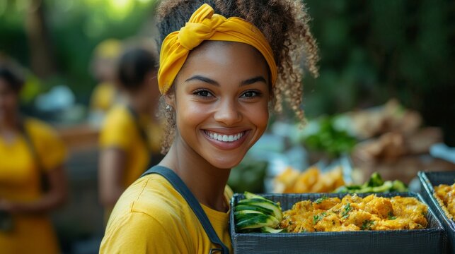 A smiling woman wearing a yellow headband and yellow top holds a tray of prepared food, set against a softly blurred outdoor green background with other people in matching yellow outfits in the distan