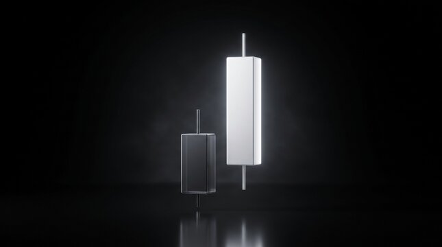 Bullish and bearish financial candlestick charts represented as 3D elements on a dark reflective background