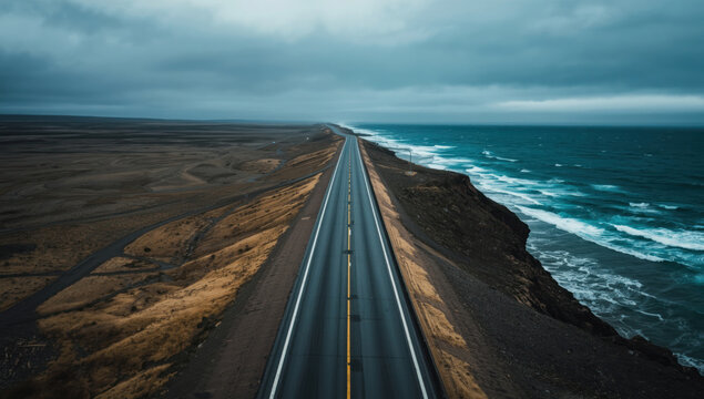 Empty Coastal Highway Leading to Horizon Beside Moody Ocean, Aerial View of Asphalt Road Along Sea, Dramatic Cloud Sky, Remote Landscape